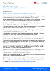 News Release Minister Ian Hunter Minister for Sustainability, Environment and Conservation Minister for Water and the River Murray Sunday, 22 March, 2015