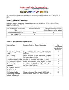 The information in this Report covers the time period beginning December 1, 2012 – November 30, 2013, Section I – Job Vacancy Information Stations Included in hiring group: KERR-AM, KQRK-FM, KIBG-FM, KKMT-FM, KQJZ-AM