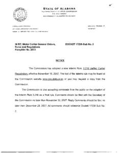 STATE OF ALABAMA ALABAMA PUBLIC SERVICE COMMISSION P.O. BOX[removed]MONTGOMERY, ALABAMA[removed]JIM SULLIVAN, PRESIDENT JAN COOK, ASSOCIATE COMMISSIONER