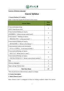 Course: Chinese Language  Course Syllabus I. Course Outline (1.5 credits) Note: 1 class hour equals 45 minutes in this course. Class