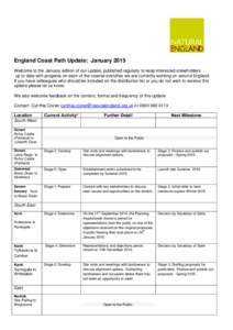 England Coast Path Update: January 2015 Welcome to the January edition of our update, published regularly to keep interested stakeholders up to date with progress on each of the coastal stretches we are currently working
