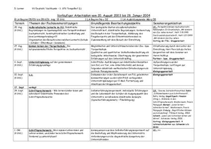 D. Lerner  VU Deutsch/ Sachkunde – 3. SPS Tempelhof (L) Vorläufiger Arbeitsplan vom 20. August 2003 bis 28. JanuarLA Beginnbisinsg. 15 Std.