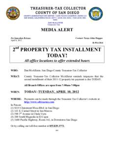 TREASURER-­‐TAX  COLLECTOR           COUNTY  OF  SAN  DIEGO    COUNTY  ADMINISTRATION  CENTER  •  1600  PACIFIC  HIGHWAY,  ROOM  112   SAN  DIEGO,  CALIFORNIA  92101-­‐2477  •  (619)  5