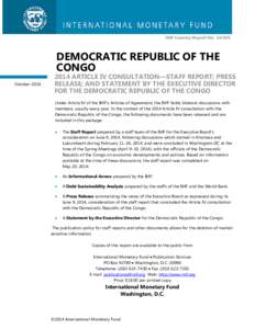 IMF Country Report No[removed]DEMOCRATIC REPUBLIC OF THE CONGO  October 2014