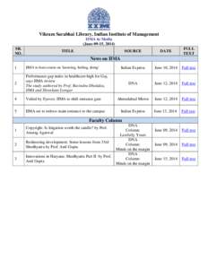 Vikram Sarabhai Library, Indian Institute of Management IIMA in Media (June 09-15, 2014) SR. NO.