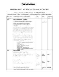   	
     PANASONIC	
  CANADA	
  INC.	
  –	
  Multi-­‐year	
  Accessibility	
  Plan,	
  2013-­‐2016	
   Reference:	
  Integrated	
  Accessibility	
  Standards,	
  Ontario	
  Regulation	
  191/11	