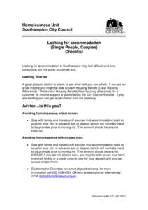 Homelessness Unit Southampton City Council Looking for accommodation (Single People, Couples) Checklist