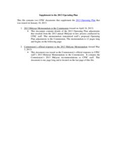 Supplement to the 2013 Operating Plan This file contains two CPSC documents that supplement the 2013 Operating Plan that was issued on January 18, 2013: [removed]Midyear Memorandum to the Commission (issued on April 24, 2