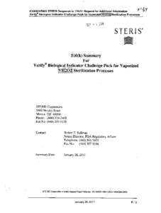 14 K1033311S001 STERIS Response to[removed]Request for Additional Information Verify Biological Indicator Challenge Pack for Vaporized H2 Sterilization Processes SEP