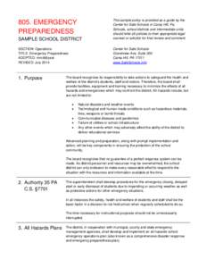 SAMPLE SCHOOL DISTRICT  This sample policy is provided as a guide by the Center for Safe Schools in Camp Hill, Pa. Schools, school districts and intermediate units should refer all policies to their appropriate legal