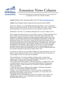 Extension News Column      University of Alaska Fairbanks, Cooperative Extension Service, www.uaf.edu/ces/ 