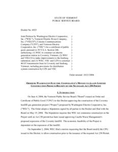 STATE OF VERMONT PUBLIC SERVICE BOARD Docket No[removed]Joint Petition by Washington Electric Cooperative, Inc. (