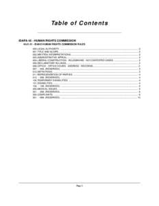 Ta b le o f C o n t e n t s IDAPA 45 - HUMAN RIGHTS COMMISSION[removed]IDAHO HUMAN RIGHTS COMMISSION RULES 000.LEGAL AUTHORITY. .........................................................................................