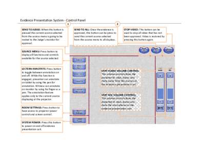 Evidence Presentation System - Control Panel 1 SEND TO JUDGE: When this button is pressed the current source selected from the source menu is going to be routed to the Judge’s monitor for