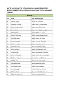 LIST OF PARTICIPANTS TO THE WORKSHOP ON FOOD AND NUTRITION SECURITY: 21-23 JULY 2014, NAMPOWER CONVENTION CENTRE, WINDHOEK, NAMIBIA MAYORS NO.