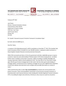 February 28th 2014 Jane Pearse Director, Financial Institutions Division Financial Sector Policy Branch Department of Finance Canada 15th Floor, East Tower