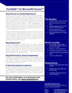 FormSafe™ for Microsoft® Access™ Data Security is a Global Requirement Whether you work for a global enterprise or a growing business with a few employees, the ability to secure private and sensitive data is univers