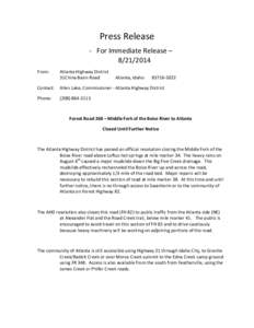 Press Release - For Immediate Release – [removed]From:  Atlanta Highway District