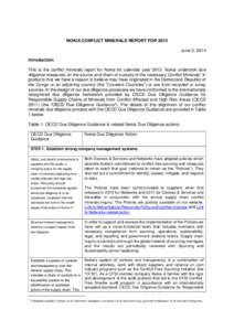 NOKIA CONFLICT MINERALS REPORT FOR 2013 June 2, 2014 Introduction This is the conflict minerals report for Nokia for calendar year[removed]Nokia undertook due diligence measures on the source and chain of custody of the ne