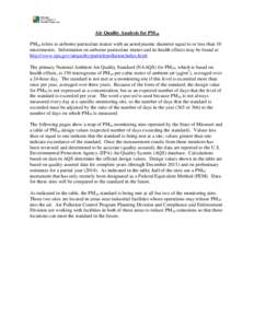 Air Quality Analysis for PM10 PM10 refers to airborne particulate matter with an aerodynamic diameter equal to or less than 10 micrometers. Information on airborne particulate matter and its health effects may be found a