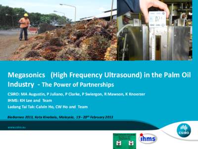 Megasonics (High Frequency Ultrasound) in the Palm Oil Industry - The Power of Partnerships CSIRO: MA Augustin, P Juliano, P Clarke, P Swiergon, R Mawson, K Knoerzer IHMS: KH Lee and Team Ladang Tai Tak: Calvin Ho, CW Ho