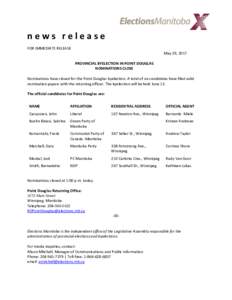 news release FOR IMMEDIATE RELEASE May 29, 2017 PROVINCIAL BYELECTION IN POINT DOUGLAS NOMINATIONS CLOSE Nominations have closed for the Point Douglas byelection. A total of six candidates have filed valid