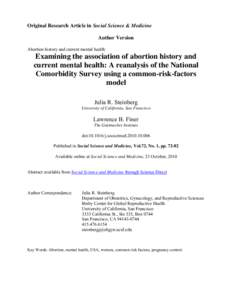 Original Research Article in Social Science & Medicine Author Version Abortion history and current mental health Examining the association of abortion history and current mental health: A reanalysis of the National