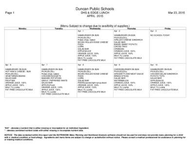 Duncan Public Schools Page 1 DHS & EDGE LUNCH APRIL 2015