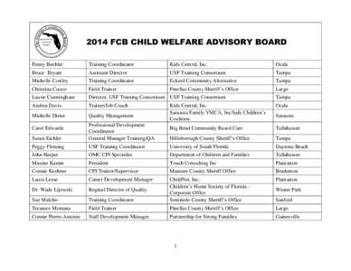 2014 FCB CHILD WELFARE ADVISORY BOARD Penny Beehler Training Coordinator  Kids Central, Inc.