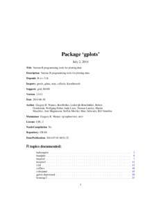Package ‘gplots’ July 2, 2014 Title Various R programming tools for plotting data Description Various R programming tools for plotting data Depends R (>= 3.0) Imports gtools, gdata, stats, caTools, KernSmooth