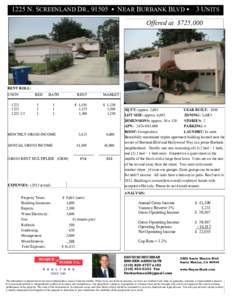 1225 N. SCREENLAND DR., 91505  NEAR BURBANK BLVD 3 UNITS Offered at $725,000 RENT ROLL: UNIT# 1223