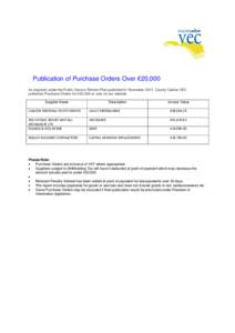 Publication of Purchase Orders Over €20,000 As required under the Public Service Reform Plan published in November 2011, County Carlow VEC publishes Purchase Orders for €20,000 or over on our website. Supplier Name  