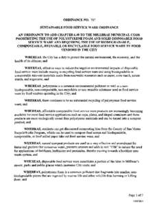 ORDINANCE NO. 717 SUSTAINABLE FOOD SERVICE WARE ORDINANCE AN ORDINANCE TO ADD CHAPTER 6.40 TO THE MILLBRAE MUNICIPAL CODE