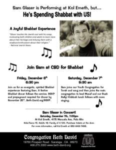 Sam Glaser is Performing at Kol Emeth, but…  A Joyful Shabbat Experience 