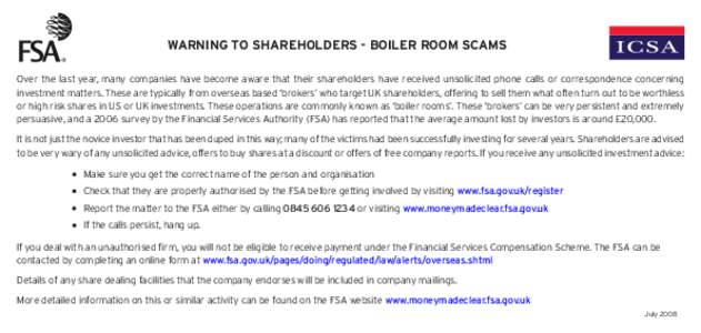 Leaflet: Warning to shareholders - boiler room scams