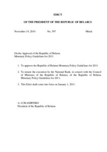 Republic of Belarus Monetary Policy Guidelines for 2011