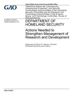 GAO-14-865T, Department of Homeland Security: Actions Needed to Strengthen Management of Research and Development