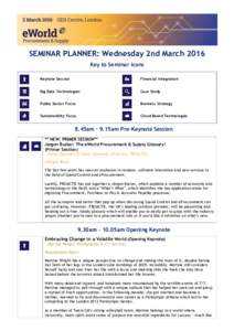 SEMINAR PLANNER: Wednesday 2nd March 2016 Key to Seminar Icons Keynote Session Financial Integration