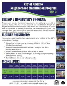 This program provides homebuyer opportunities for qualifying households to purchase homes that have been acquired and rehabilitated through the Neighborhood Stabilization Program. Select homes and condominiums in various