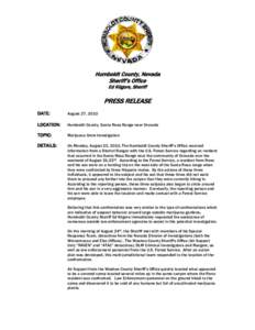 Humboldt County, Nevada Sheriff’s Office Ed Kilgore, Sheriff PRESS RELEASE DATE: