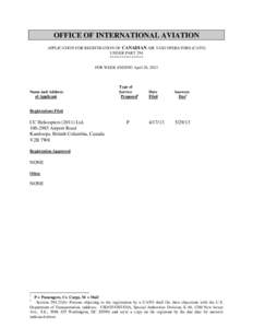 OFFICE OF INTERNATIONAL AVIATION APPLICATION FOR REGISTRATION OF CANADIAN AIR TAXI OPERATORS (CATO) UNDER PART 294 ***************** FOR WEEK ENDING April 26, 2013