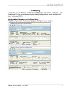 Job Share Solution Tutorial  Job Sharing Job sharing occurs when one position is divided between two or more employees. Job sharing can include numerous employees as long as the position percentage amount does not exceed