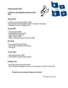 Activités St Jean Baptiste de Roxton Falls 2014