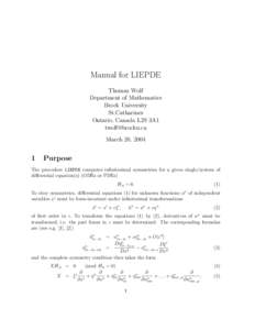 Manual for LIEPDE Thomas Wolf Department of Mathematics Brock University St.Catharines Ontario, Canada L2S 3A1