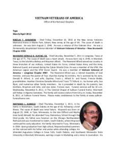 VIETNAM VETERANS OF AMERICA Office of the National Chaplain Taps March/April 2012 NIKOLAI T. AHREMOW – Died Friday, December 10, 2010 at the New Jersey Veterans