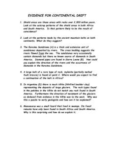 EVIDENCE FOR CONTINENTAL DRIFT 1. Shield areas are those areas with rocks over 2,000 million years. Look at the outcrop patterns of the shield areas in both Africa and South America. Is that pattern likely to be the resu