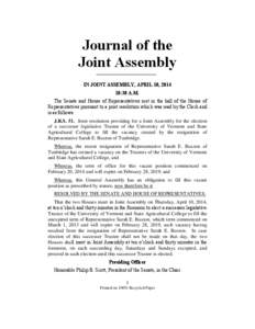 Journal of the Joint Assembly IN JOINT ASSEMBLY, APRIL 10, [removed]:30 A.M. The Senate and House of Representatives met in the hall of the House of Representatives pursuant to a joint resolution which was read by the Cler