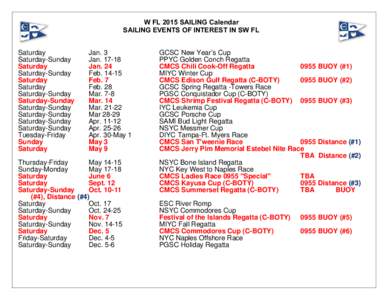 W FL 2015 SAILING Calendar SAILING EVENTS OF INTEREST IN SW FL Saturday Saturday-Sunday Saturday Saturday-Sunday