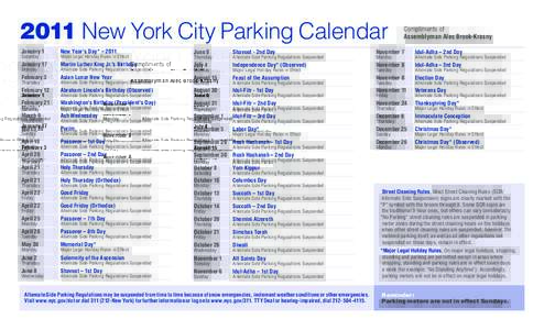 2011 New York City Parking Calendar  Compliments of Assemblyman Alec Brook-Krasny  January 1