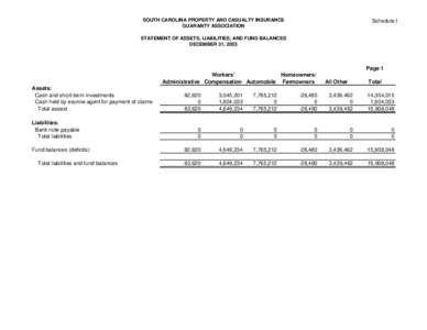 SOUTH CAROLINA PROPERTY AND CASUALTY INSURANCE GUARANTY ASSOCIATION Schedule I  STATEMENT OF ASSETS, LIABILITIES, AND FUND BALANCES